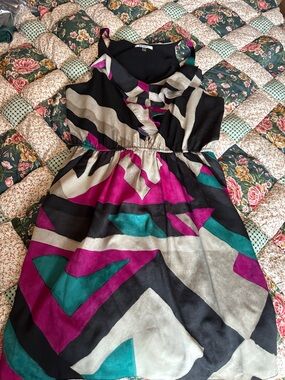 DKNYC Black, Magenta & Teal Ruffle-Neck Sleeveless Geometric Dress